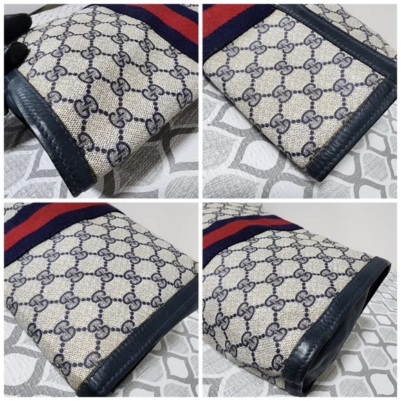 Authentic Gucci Vintage GG Sherry Line PVC Leather Clutch Beige/Navy Blue - Picture 6 of 14